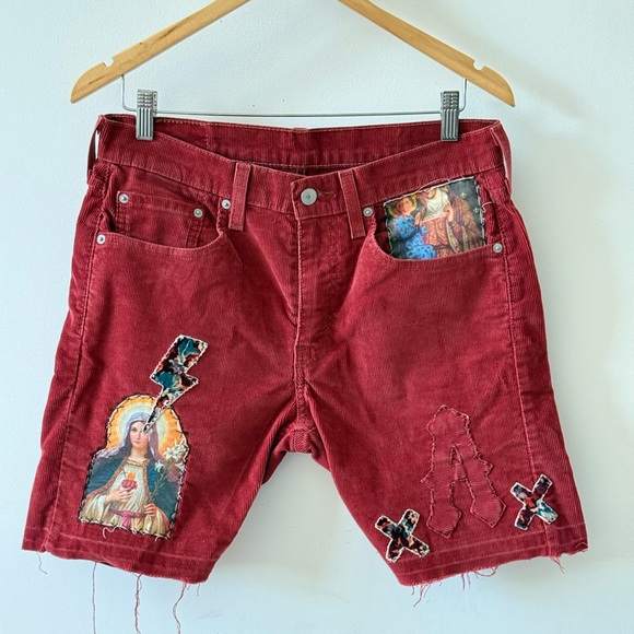 Red Corduroy Shorts with a unique patches touch
